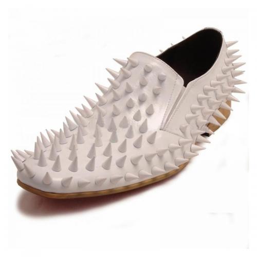 Encore By Fiesso White Leather Loafer Shoes With Metal Spikes FI6747.